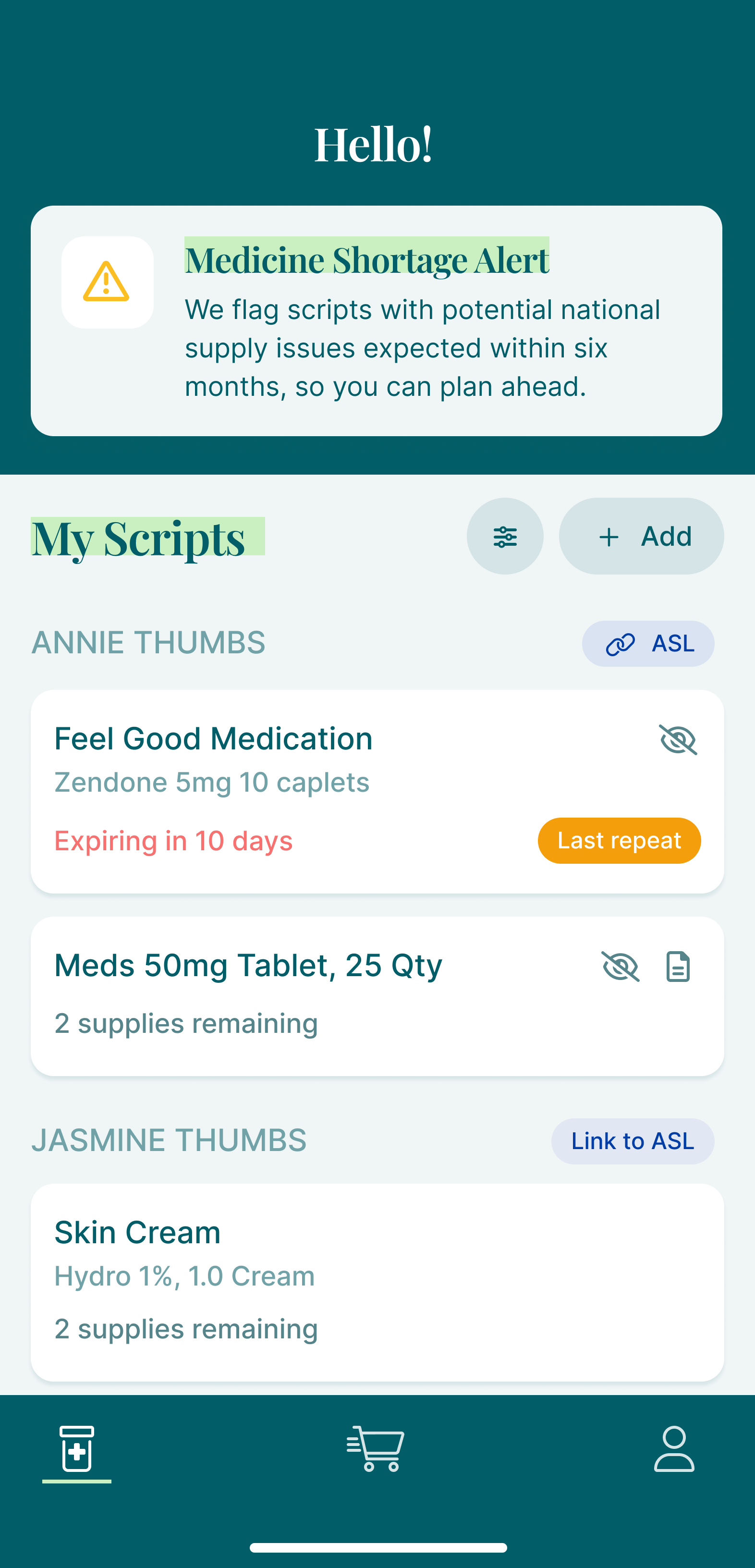 Scripty app showing My Scripts view with medicine shortage alerts, Active Script List integration, medication tracking, and supply management